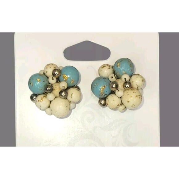 Vtg Cluster Teal Ivory Clip On Earrings 1" Gold Silver Accent Classic Vintage - Picture 2 of 5
